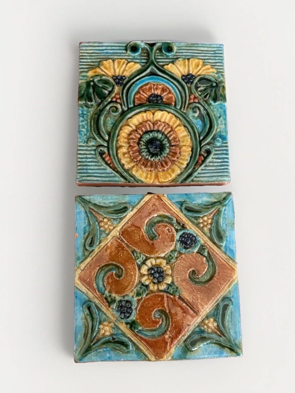 2 Ceramic Tiles Relief Wall Plaques Floral Art Nouveau Art Deco Blue Green